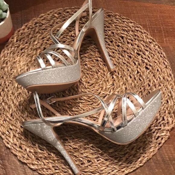 ‎Silver Strappy Platforms with Glitter Heels - Picture 2 of 7